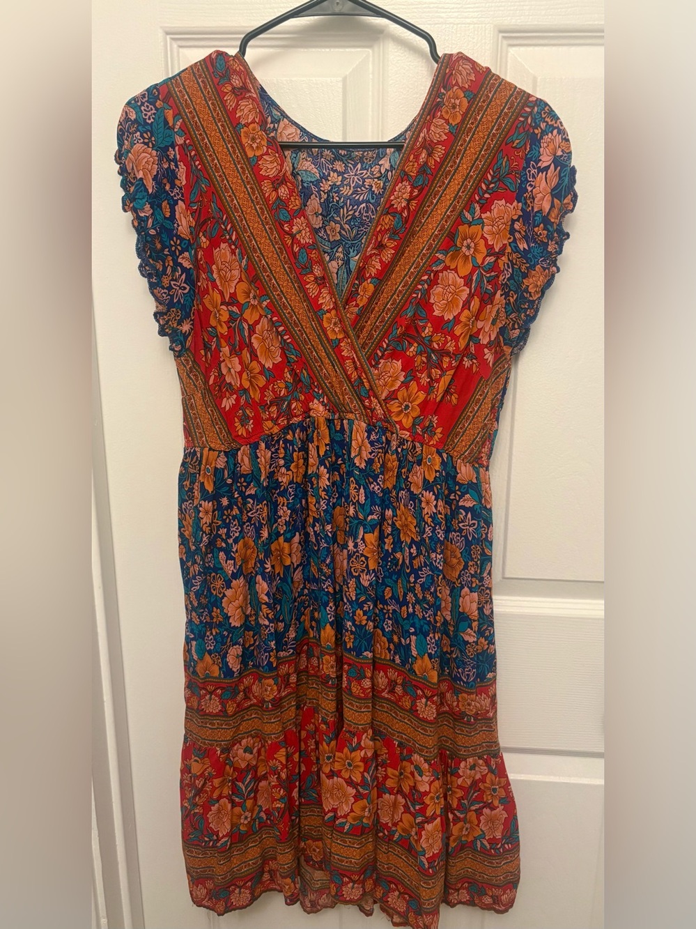Floral V-Neck Midi Dress in Red & Blue